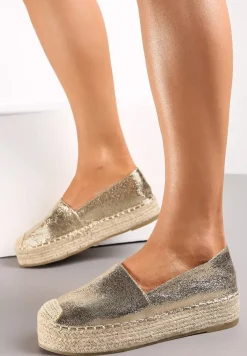 Złote Plecione Espadryle na Grubej Podeszwie z Lakierowaną Cholewką Noem