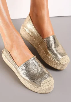 Złote Plecione Espadryle na Grubej Podeszwie z Lakierowaną Cholewką Noem