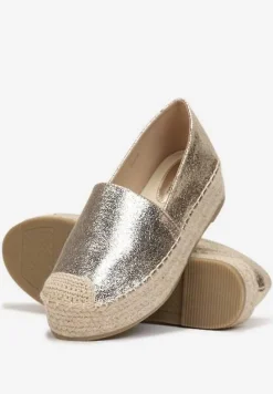 Złote Plecione Espadryle na Grubej Podeszwie z Lakierowaną Cholewką Noem