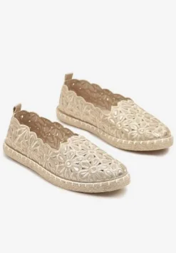 Złote Plecione Espadryle Vices z Kwiatowym Motywem z Ażurowymi Wycięciami Honavia