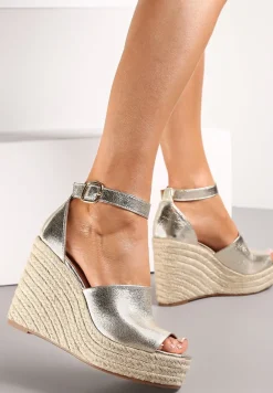 Złote Plecione Sandały na Koturnie i Platformie Fimieshe