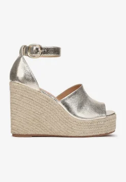 Złote Plecione Sandały na Koturnie i Platformie Fimieshe