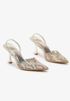 Złote Plecione Sandały Szpilki ze Szpiczastym Noskiem Zdobione Perłami Gonnara