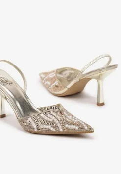 Złote Plecione Sandały Szpilki ze Szpiczastym Noskiem Zdobione Perłami Gonnara