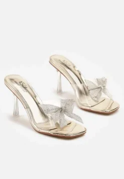 Złote Przezroczyste Klapki Szpilki z Cyrkoniowymi Kokardami Tysseli