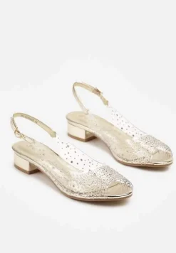 Złote Przezroczyste Sandały ze Skórzaną Wkładką Ozdobione Cyrkoniami Sadorise