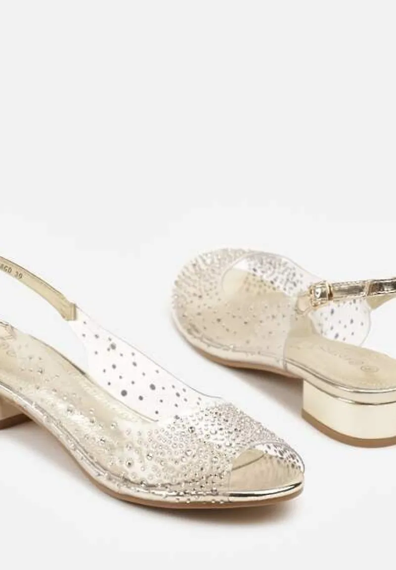 Złote Przezroczyste Sandały ze Skórzaną Wkładką Ozdobione Cyrkoniami Sadorise