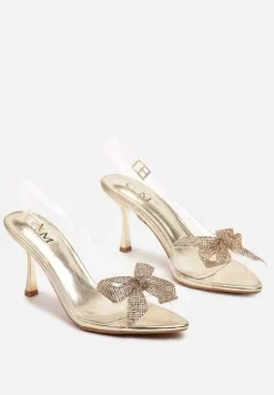 Złote Przezroczyste Sandały na Obcasie Typu Klepsydra z Ozdobną Kokardą z Cyrkoniami Nialania