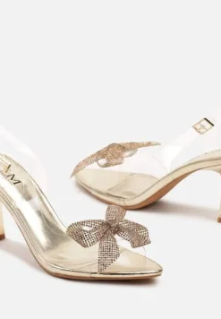 Złote Przezroczyste Sandały na Obcasie Typu Klepsydra z Ozdobną Kokardą z Cyrkoniami Nialania