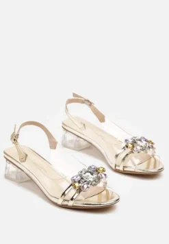 Złote Przezroczyste Sandały na Słupku z Cyrkoniowym Zdobieniem Senalisea