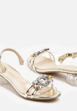 Złote Przezroczyste Sandały na Słupku z Cyrkoniowym Zdobieniem Senalisea