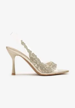 Złote Przezroczyste Sandały na Szpilce Vices ze Skórzaną Wkładką i Cyrkoniami Oviassa