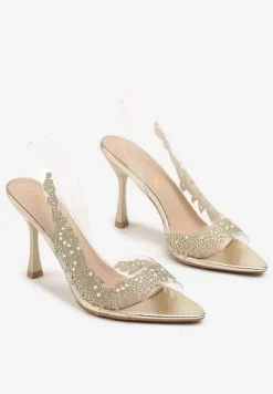 Złote Przezroczyste Sandały na Szpilce Vices ze Skórzaną Wkładką i Cyrkoniami Oviassa