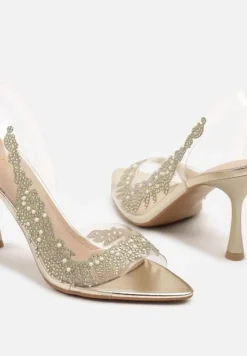 Złote Przezroczyste Sandały na Szpilce Vices ze Skórzaną Wkładką i Cyrkoniami Oviassa