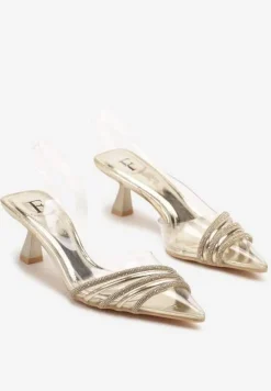 Złote Przezroczyste Sandały na Szpilce Kaczuszce z Cyrkoniami Finretia