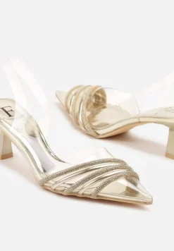 Złote Przezroczyste Sandały na Szpilce Kaczuszce z Cyrkoniami Finretia