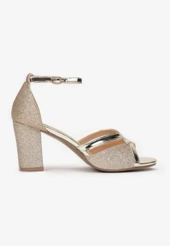 Złote Sandały Brokatowe na Słupku Layo