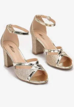 Złote Sandały Brokatowe na Słupku Layo