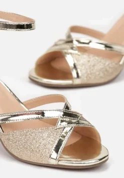 Złote Sandały Brokatowe na Słupku Layo