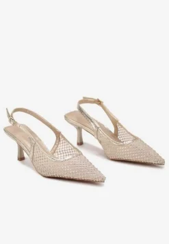 Złote Sandały na Kaczuszce z Noskiem w Szpic Zdobione Cyrkoniami Calotina