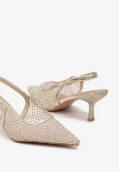 Złote Sandały na Kaczuszce z Noskiem w Szpic Zdobione Cyrkoniami Calotina