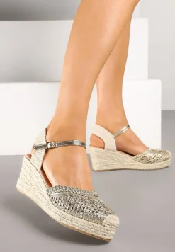Złote Sandały na Koturnie z Plecionką Nevanille