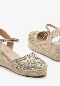 Złote Sandały na Koturnie z Plecionką Nevanille