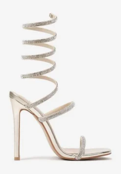 Złote Sandały na Obcasie Ozdobione Cyrkoniową Sprężyną na Łydkę Nelesi