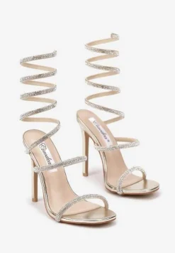 Złote Sandały na Obcasie Ozdobione Cyrkoniową Sprężyną na Łydkę Nelesi