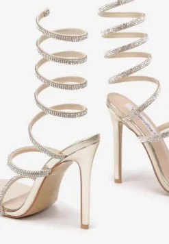 Złote Sandały na Obcasie Ozdobione Cyrkoniową Sprężyną na Łydkę Nelesi