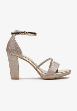 Złote Sandały na Obcasie Ozdobione Brokatowym Połyskiem i Cyrkoniami Sevana