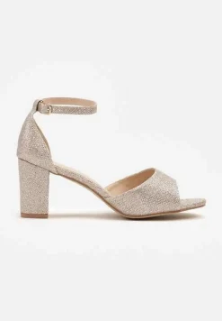 Złote Sandały na Obcasie Ozdobione Brokatem Selindrael