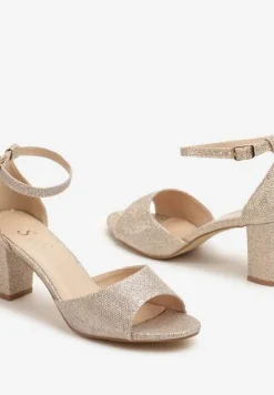 Złote Sandały na Obcasie Ozdobione Brokatem Selindrael