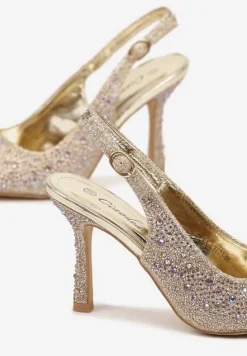 Złote Sandały na Obcasie z Ozdobnymi Cyrkoniami i Szpiczastym Noskiem Rivasella
