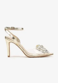 Złote Sandały na Obcasie z Przezroczystym Noskiem z Cyrkoniową Kokardą Azilda