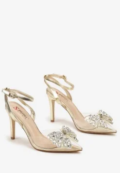 Złote Sandały na Obcasie z Przezroczystym Noskiem z Cyrkoniową Kokardą Azilda