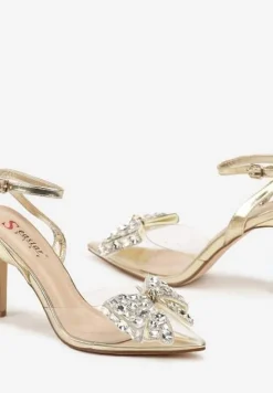 Złote Sandały na Obcasie z Przezroczystym Noskiem z Cyrkoniową Kokardą Azilda