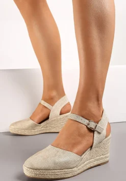 Złote Sandały na Plecionym Koturnie w Stylu Espadryli z Noskiem z Ekoskóry Beonira