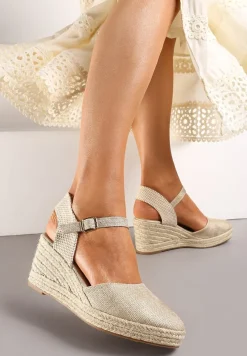 Złote Sandały na Plecionym Koturnie w Stylu Espadryli z Noskiem z Ekoskóry Beonira