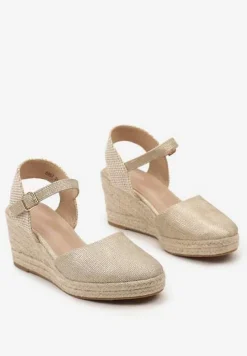 Złote Sandały na Plecionym Koturnie w Stylu Espadryli z Noskiem z Ekoskóry Beonira