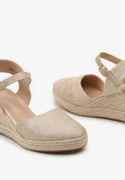 Złote Sandały na Plecionym Koturnie w Stylu Espadryli z Noskiem z Ekoskóry Beonira