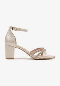 Złote Sandały na Słupku Ozdobione Brokatem i Cyrkoniami Norreis