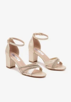 Złote Sandały na Słupku Ozdobione Brokatem i Cyrkoniami Norreis