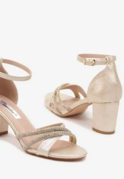 Złote Sandały na Słupku Ozdobione Brokatem i Cyrkoniami Norreis