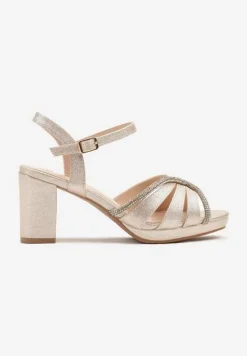 Złote Sandały na Słupku Ozdobione Brokatem i Cyrkoniami Galvisa