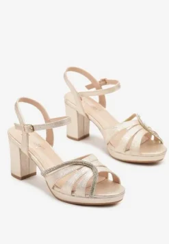 Złote Sandały na Słupku Ozdobione Brokatem i Cyrkoniami Galvisa