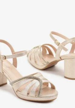 Złote Sandały na Słupku Ozdobione Brokatem i Cyrkoniami Galvisa