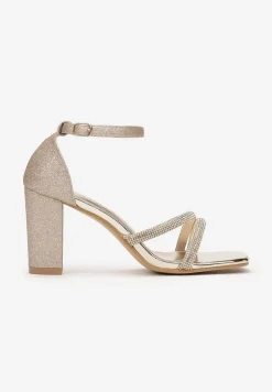Złote Sandały na Słupku z Brokatem i Cyrkoniami Axerise