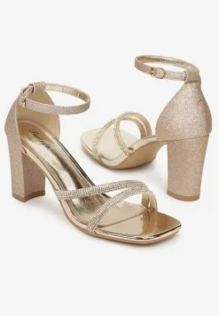 Złote Sandały na Słupku z Brokatem i Cyrkoniami Axerise