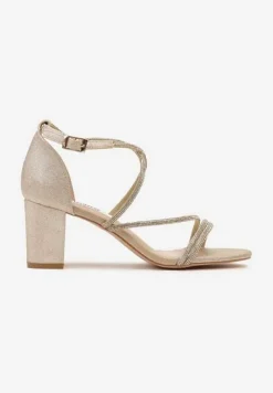 Złote Sandały na Słupku z Cyrkoniami i Brokatem Silanelle